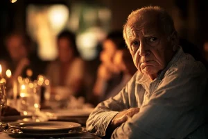 Une personne âgée agacée lors d'un repas